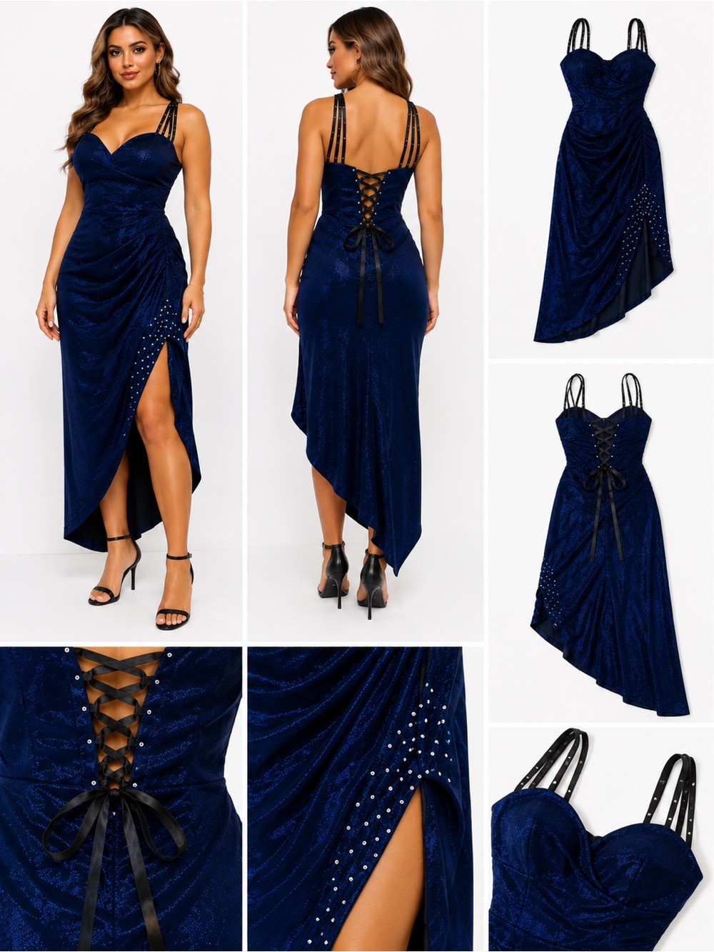 Navy Lace-Up High-Low Evening Dress with Rhinestone Detail